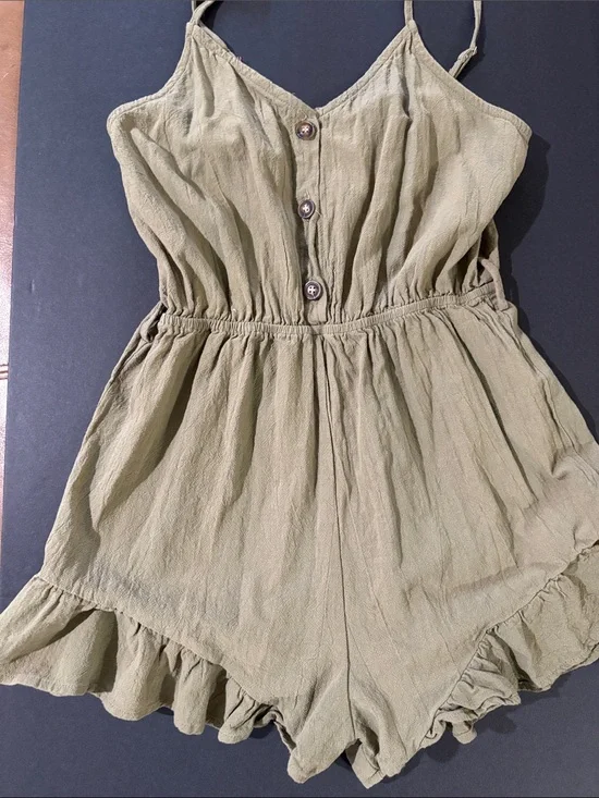 SHEIN Olive-Green Spaghetti-Strap Button Romper with Ruffle Hem