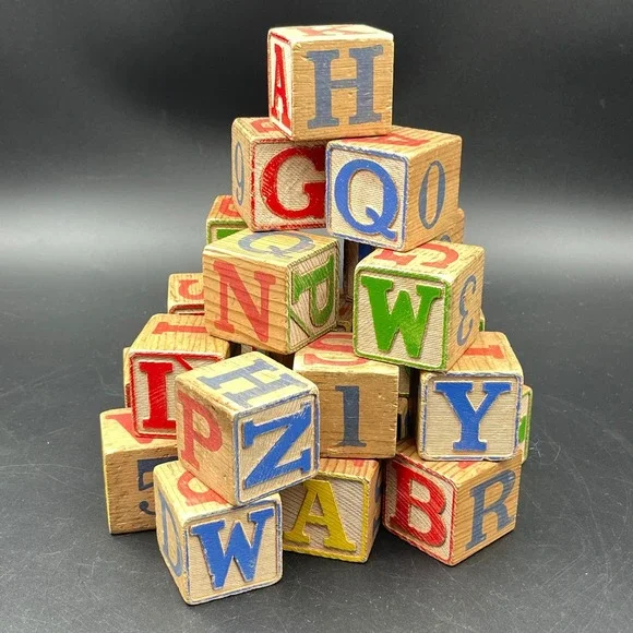 Vintage Wooden Alphabet Blocks Set Primary Colors ABC 123 Nursery Decor 22pcs