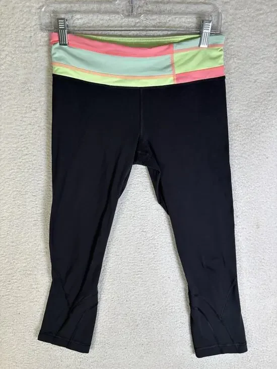 Lululemon Run Inspire Crop II Leggings Womens 6 Black Colorblock Waistband