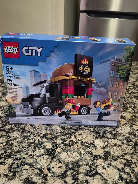 Lego City Black Burger Truck with Brown Bun and Red Accents