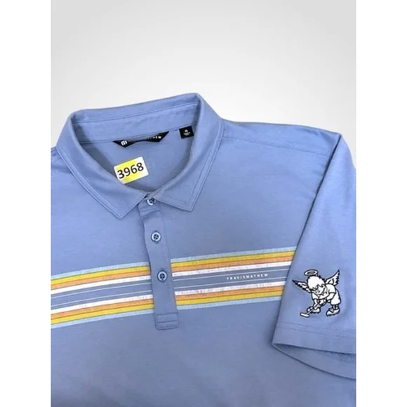 Travis Mathew Blue Stripe Custom Logo Short Sleeve Golf Polo Shirt Men XL‎