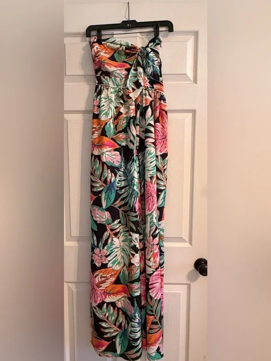 Tropical Strapless Jumpsuit - Black with Multicolor Floral Print