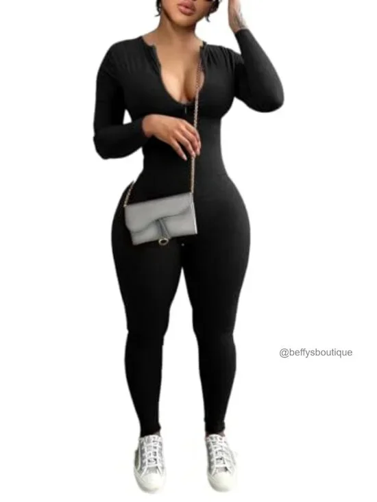 Long Sleeve Bodycon Jumpsuit Zip Up Romper One Piece