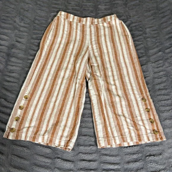 a.n.a Linen Cotton Striped Wide Leg Crop Pants Petite Small Rust White Button
