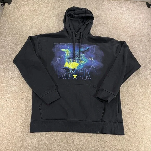 Under Armour Project Rock Hoodie Mens Medium Black Wolf Graphic Condition