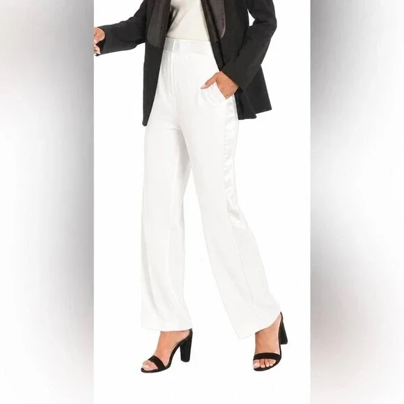 Muse Satin-Trim Straight-Leg Pants Ivory 14 NWT $99