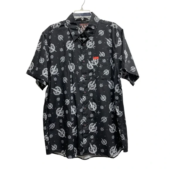 DIXXON Mens The Candle Short Sleeve Button Up Shirt Black White Graphic Print L‎