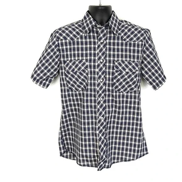 Vintage Wrangler Western Shirt Mens M Blue Plaid Short Sleeve Pearl Snap 76204PR