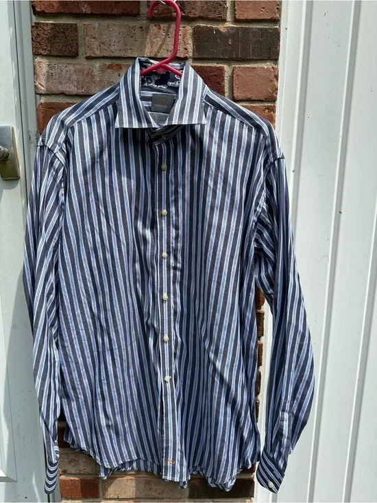 Thomas Deans Men’s XL Vertical Stripes Button Down Long Sleeve Blue Shirt