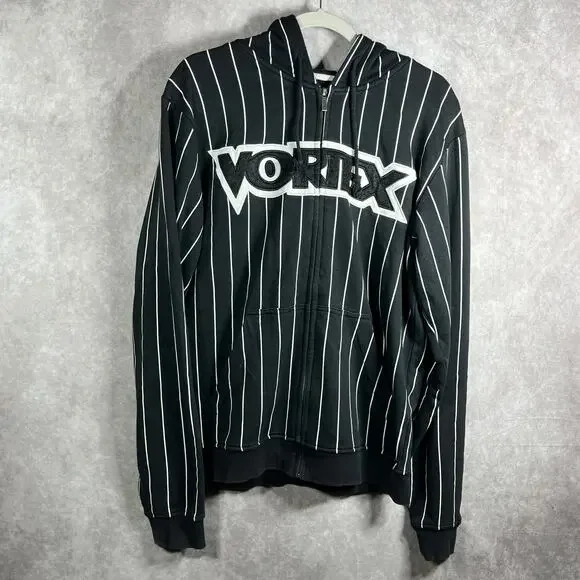 Vortex Hoodie Sweatshirt Mens Large Black White Striped Full Zip Pockets Outdoor