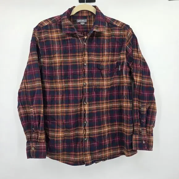 Eddie Bauer Shirt Men's Medium Long Sleeve Button Up Blue Orange Plaid Flannel