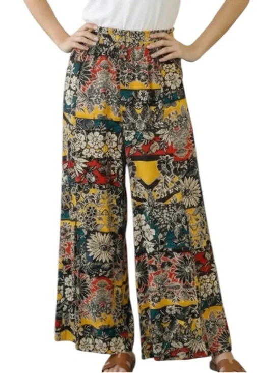 Bohemian Wide Leg Patchwork Floral Pants - Yellow Multicolor