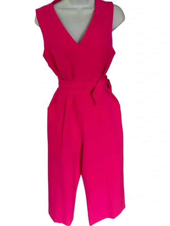 Vince Camuto Bright Hot Pink Sleeveless V-Neck Tie-Waist Jumpsuit-10 NWOT