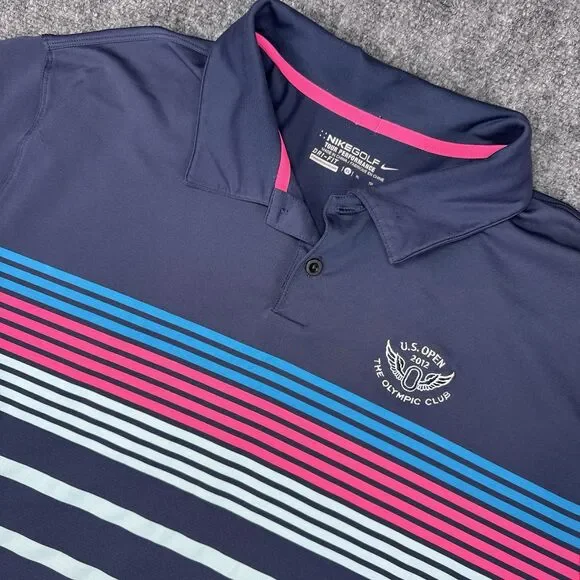 2012 Nike Golf US Open Logo Mens XL Blue Striped Polo Shirt Olympic Club