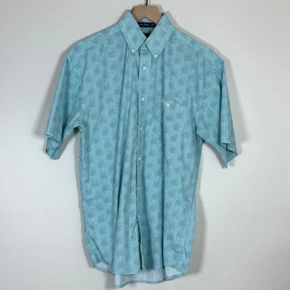 Wrangler George Strait Mens Button Down Shirt M Blue Teal Geometric Short Sleeve