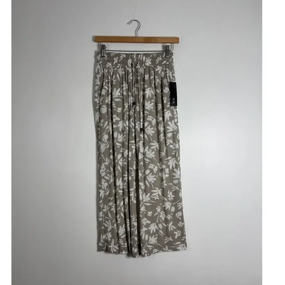 Boho AGB Womens PM Wide Leg Pants Taupe White Floral Smocked Rayon 5481D0G NEW