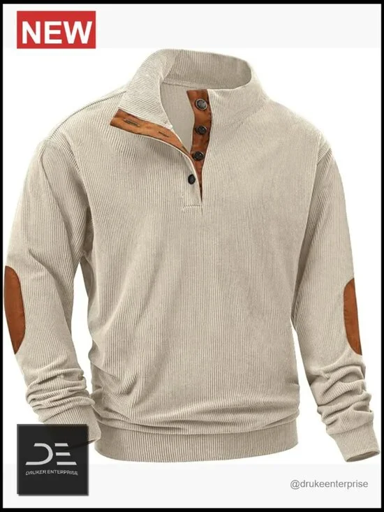 Corduroy Long Sleeve Button-Down Shirt Stand Collar Pullover Sweater Men's
