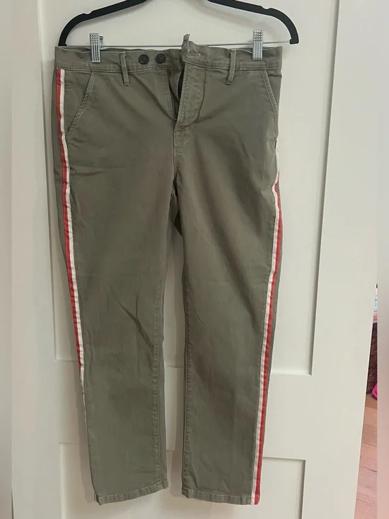 Frame Denim Olive Skinny Pants with Red & White Side Stripes
