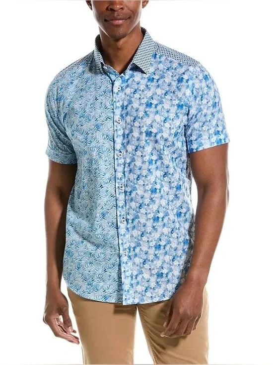 Robert Graham Mixed Blue Floral Split-Pattern Short Sleeve Shirt