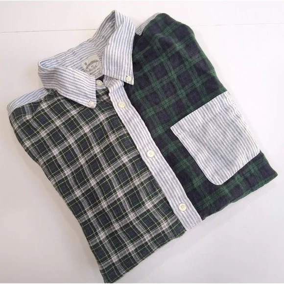 Brooks Brothers Fun Shirt Mens XL Baird McNutt Linen Patchwork Plaid Stripe
