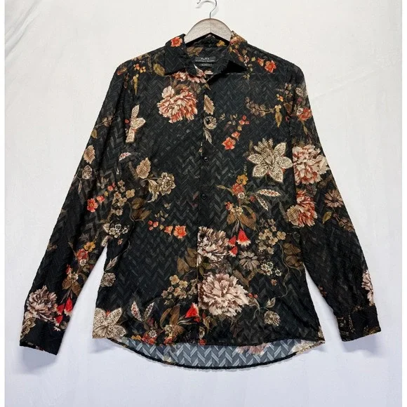 Zara‎ Hawaiian Shirt Mens Small Black Multi Floral Print Relaxed Fit Button Up