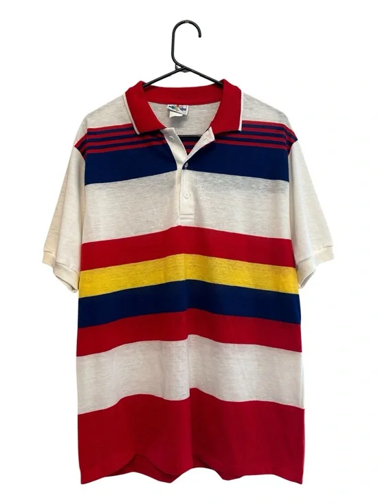 Vintage 80s/90s New Connections Red, Blue & Yellow Striped Polo Size XL