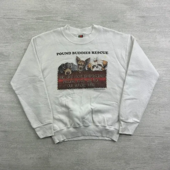 Vintage 90s Pound Buddies Rescue Sweatshirt Size Small‎ White Puppy Dog Crewneck
