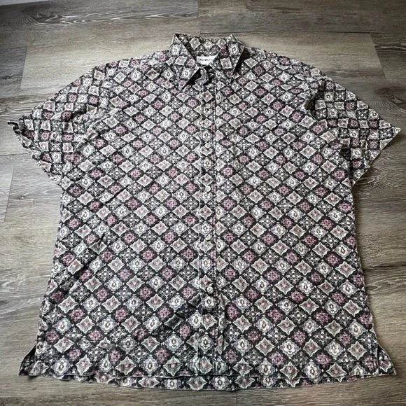 Tori Richard Button Down Shirt Mens L Black Mauve Geometric Diamond Tile Print