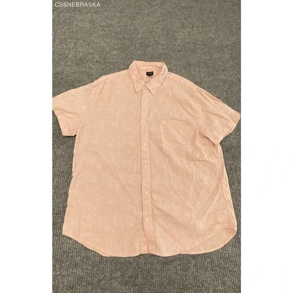 J.Crew Men's Pink Leaf Print Short Sleeve Linen Cotton Button Down Shirt Sz XL