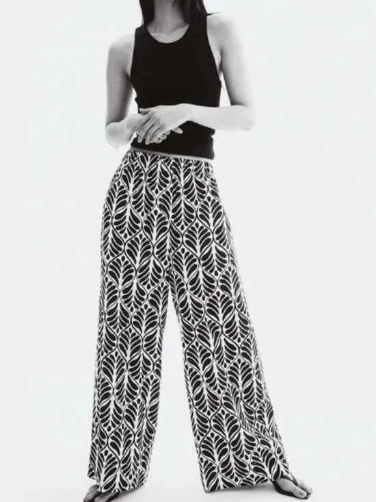 H&M Graphic Leaf Wide Leg Pants Women’s XS Black/White Linen-Blend Monochrome