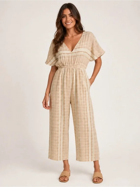 World Market Misha Ivory And Terracotta Stripe Jumpsuit With Pockets L/XL