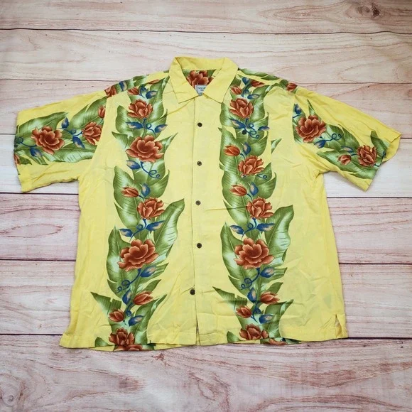 Tony Lambert‎ Shirt Mens Large Yellow Button Floral Tropical Rayon Hawaiian Camp