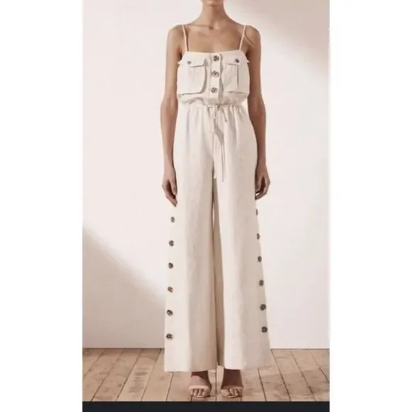SHONA JOY Sz 10 Aluaro Safari Drawstring Jumpsuit Linen $340 Pilazzo Wide Leg