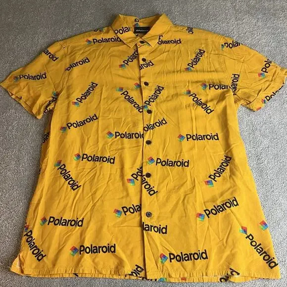 Polaroid Men's Small Short Sleeve Button Down Shirt Yellow All Over Print Logo S