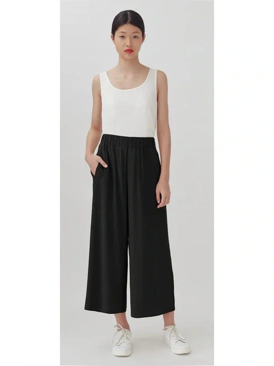 CUYANA - Washable Silk Wide-Leg Cropped Pant in Black Size XL