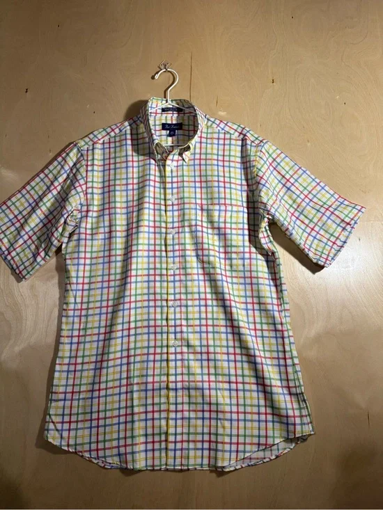 Paul Fredrick Men's 100% Cotton Short-Sleeve Multicolor Windowpane Check Shirt L