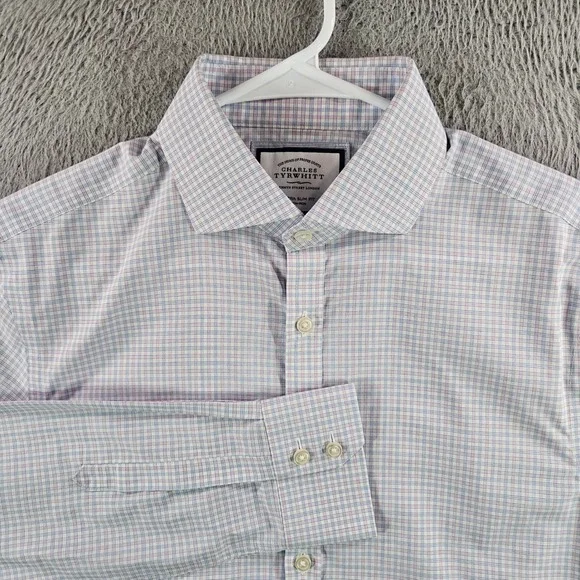 Charles Tyrwhitt Extra Slim Fit Non-Iron Check Dress Shirt 15.5 35 Blue Pink