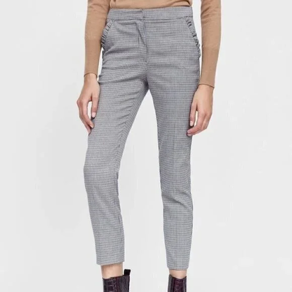 Zara TRF Gray Plaid Ruffle Straight‎ Leg Dress Trousers L
