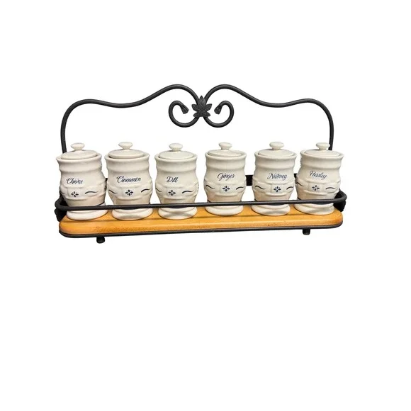 Longaberger Woven Traditions Spice Jar Set 6 Wood Shelf Wrought Iron Rack