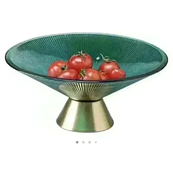 Teal Glass Fruit Bowl Gold Base Tall Candy Fruit Tray 10