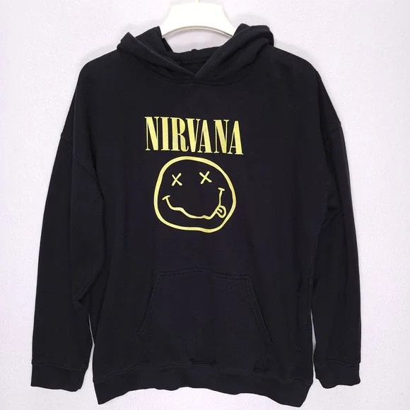 Nirvana Smiley Face Graphic Hoodie Mens‎ Black Yellow Rock Band Sweatshirt