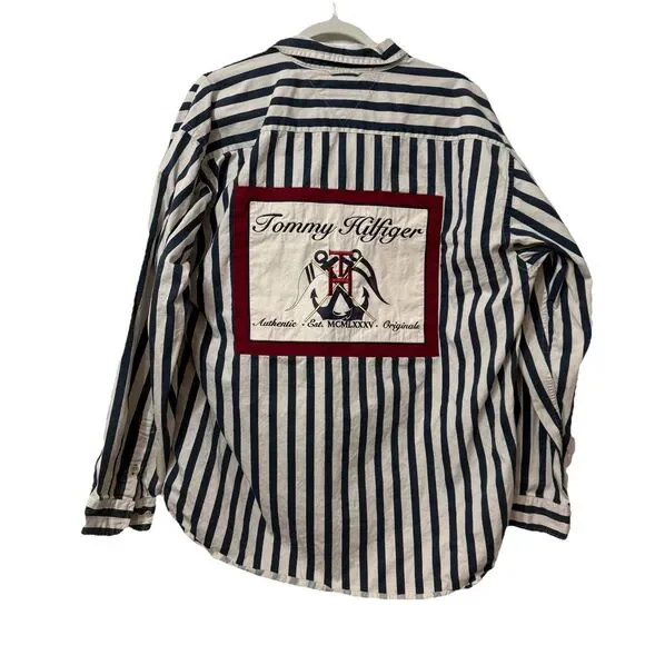 Vintage Tommy Hilfiger Men’s Sailing Flag Yacht Patch Button Striped Shirt Large
