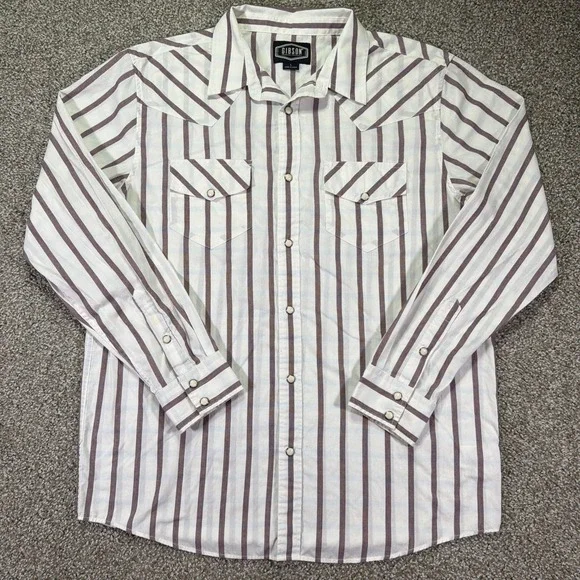 Western Striped Gibson Pearl Snap Shirt Size Large Classic White