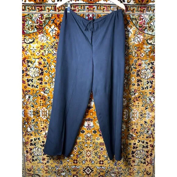 90s Vintage J. Crew Black 100% Silk Wide Leg Pants Drawstring Waist size M