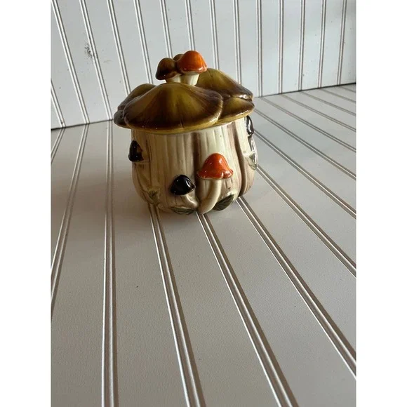 Vintage Homco Mushroom Ceramic Canister Jar Lid 1410 Brown Orange Japan Retro