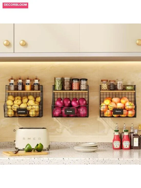 3 Piece Wire Fruit Basket Set with Wood Lid - Hanging Wall Mount Storage for