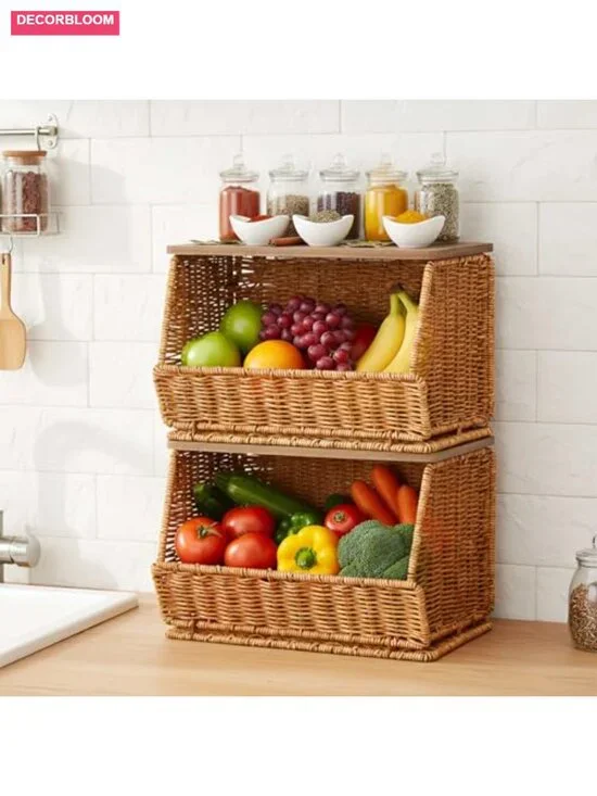 2 Tier Stackable Woven Fruit Basket with Wood Lid