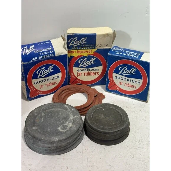 Ball Canning Lot Of 2 Zinc Lids And 36 NOS Good Luck Jar Rubbers