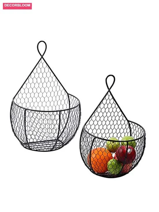 Black Metal Wire Hanging Basket Set for Fruit & Veggie Storage, Wall Mounted