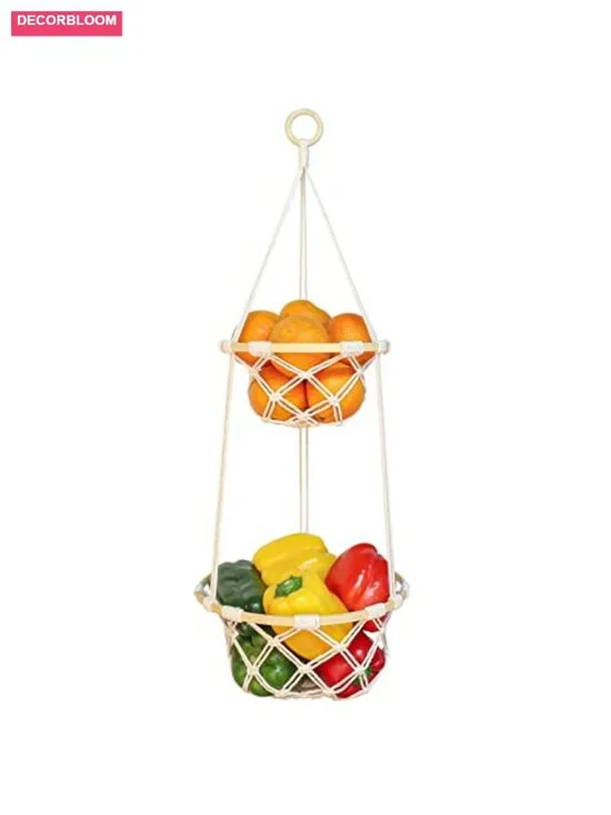 2 Tier Macrame Hanging Fruit Basket Boho Kitchen Storage with Hook